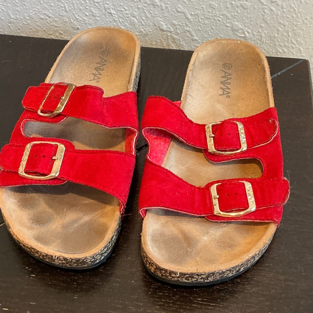 Anna Red Suede Sandals with Gold Buckles Size 8.5